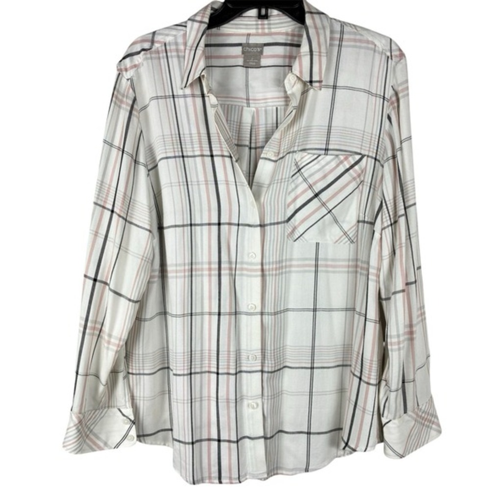 Chicos Plaid Button Down Top Sz 2/ Large Long Sleeve Cozy Fall
